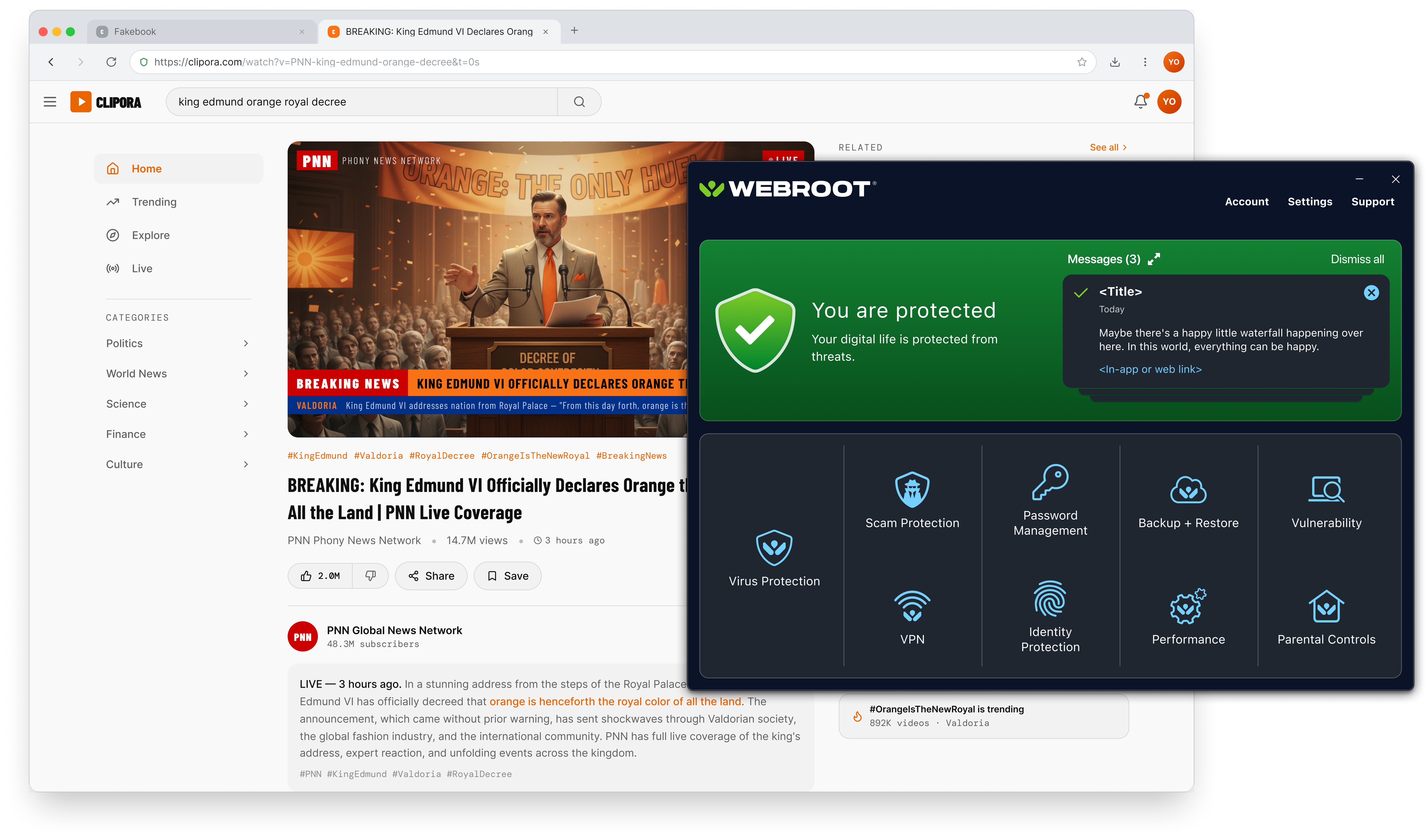 Webroot app home dashboard in the protected green state, with Scam Protection in the feature grid alongside Virus Protection, VPN, Password Management, Identity Protection, Backup and Restore, Performance, Vulnerability, and Parental Controls.